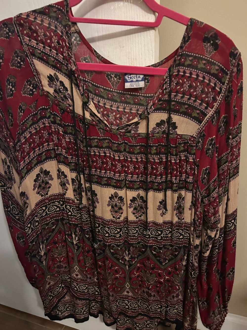 Geeta Red & Cream Boho Print Peasant Top